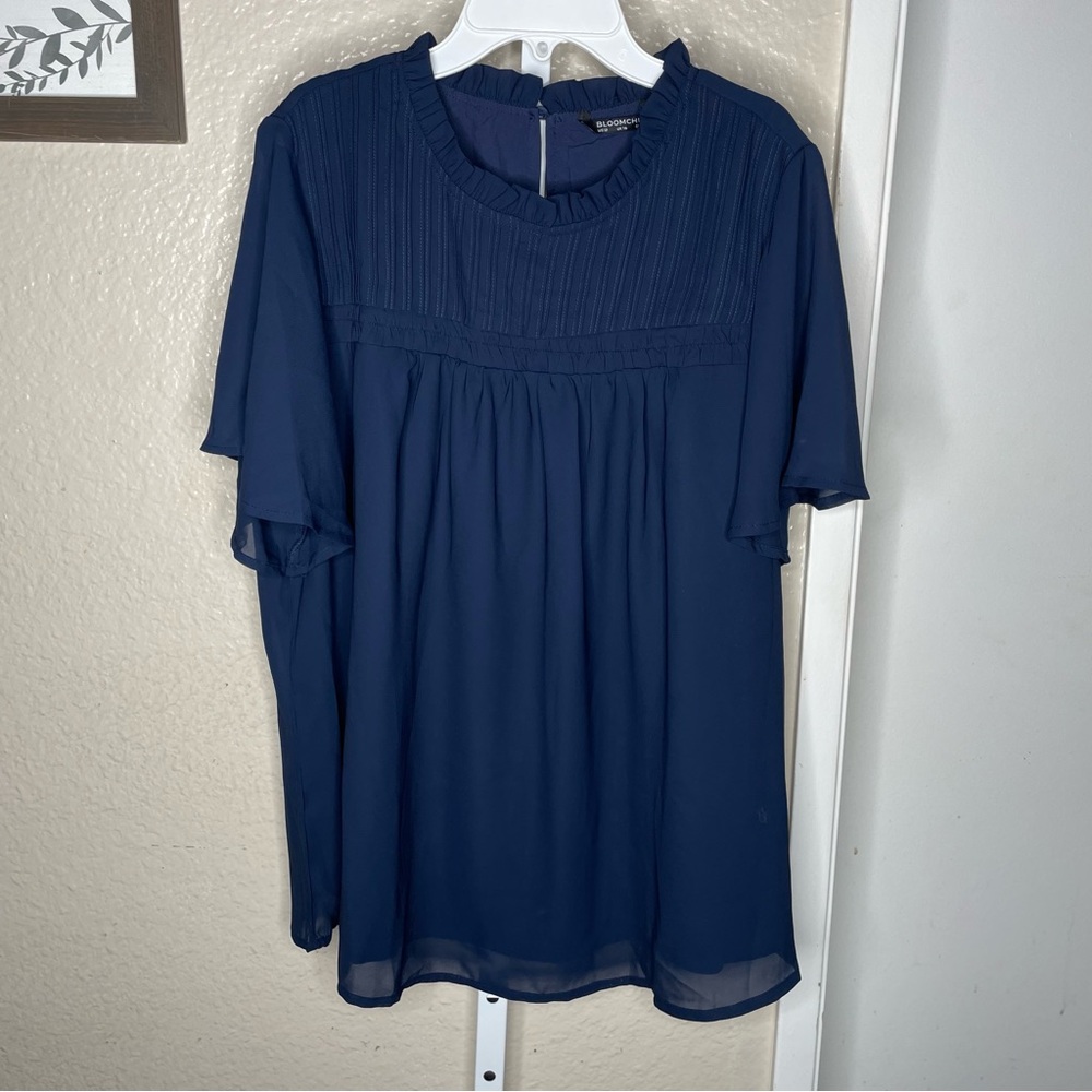 Blue Blouse Ruffle Neck